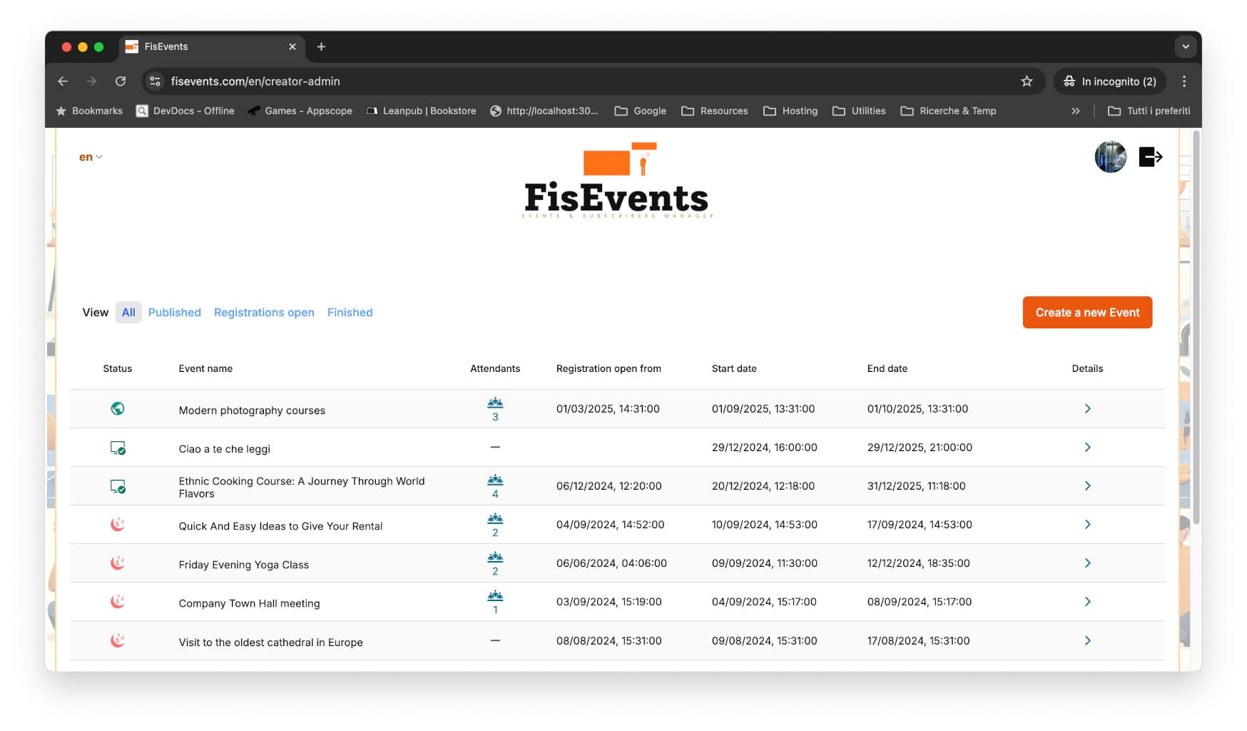 Event list