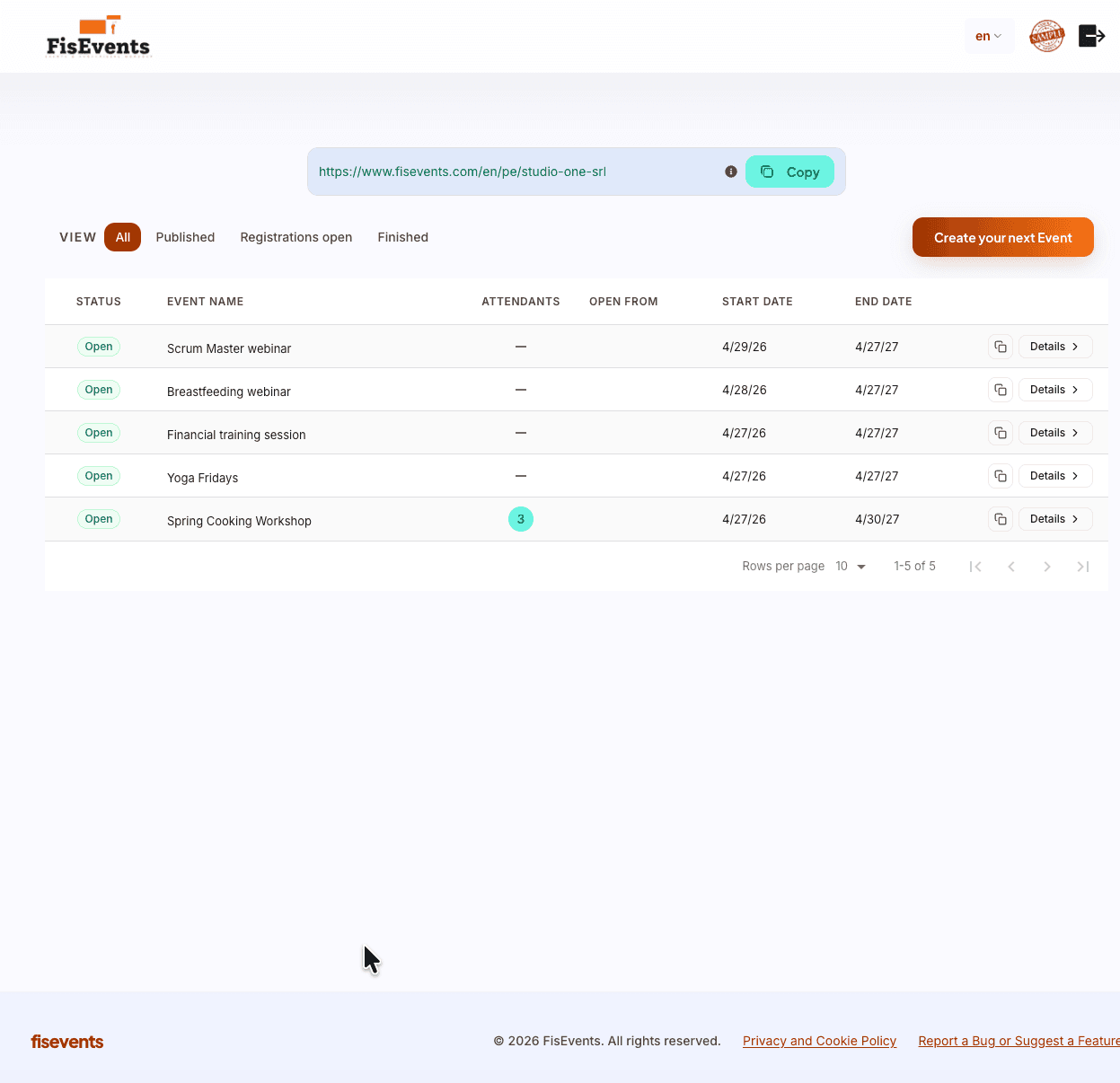 Dashboard with the event list and the shareable link