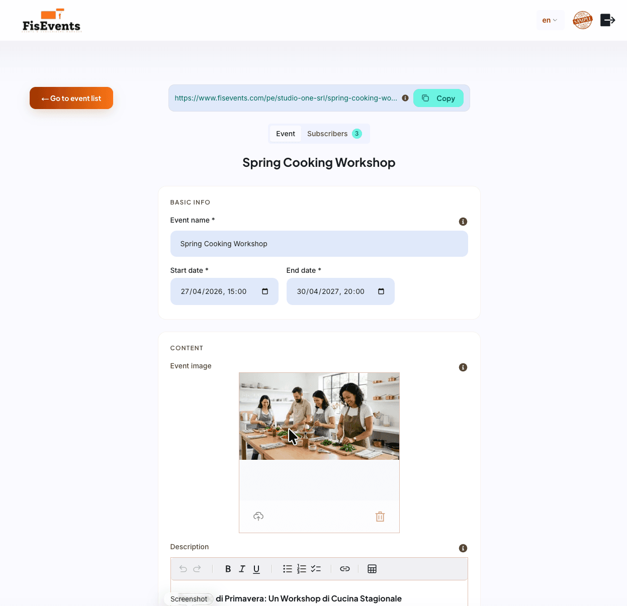 Event editor with name, dates and image