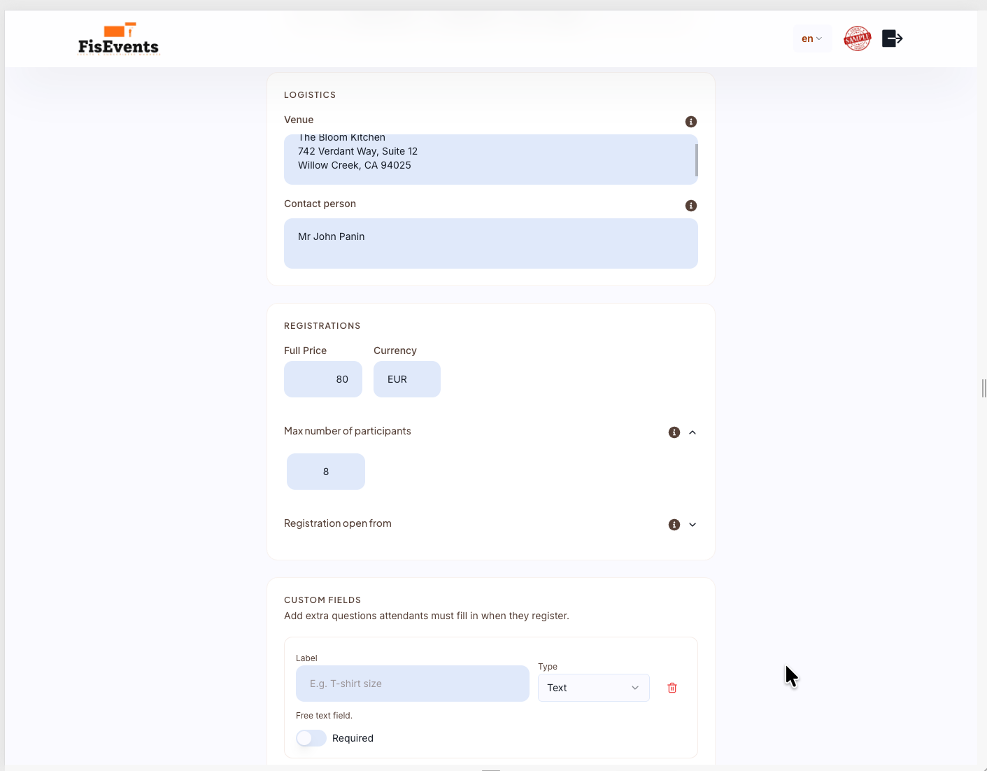 Event settings: price, currency and custom fields