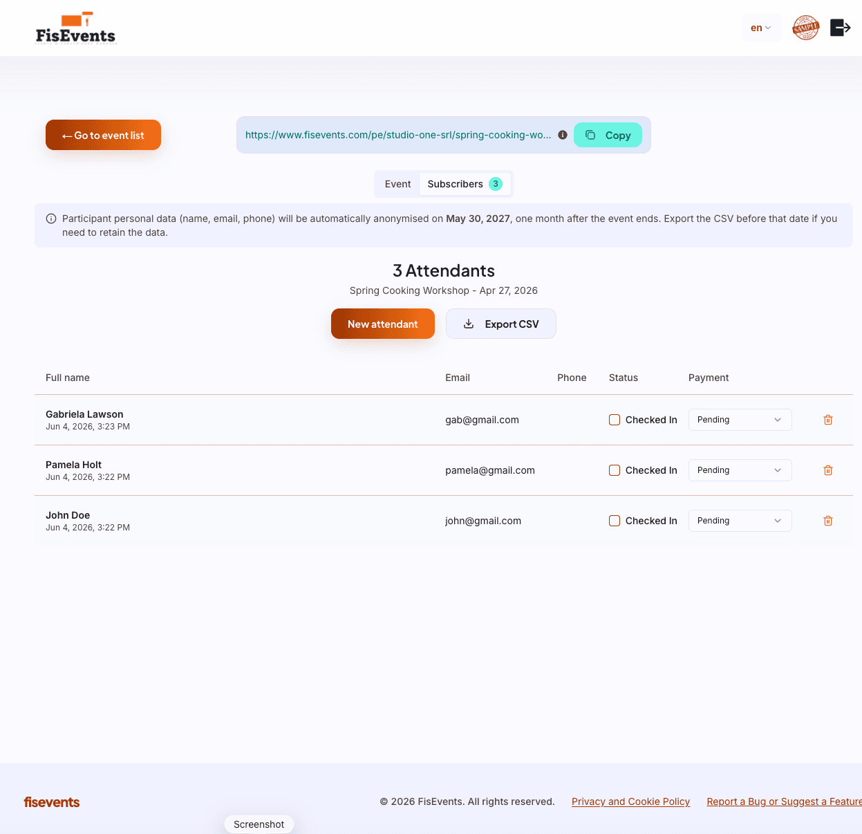 Attendee list with CSV export and check-in